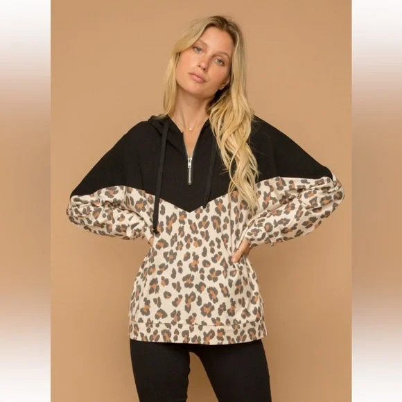 156. Leopard Print Color Block Half Zip Hoodie Black/Taupe NWT - Picture 2 of 8